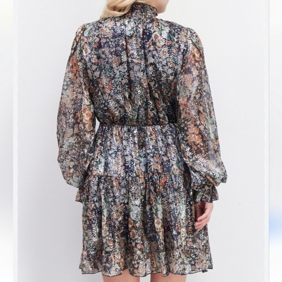 O.P.T Floral Metallic Smock Neck Fit&Flare Long Sleeve Mini Dress Navy Boho XS - Picture 2 of 9